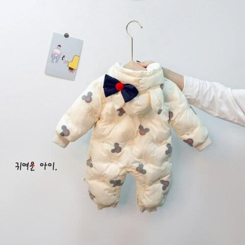 Winter Warm Baby Kids Cotton Romper Cute Cartoon Printed Children Jumpsuit Hooded Velvet Thicken Boys Girls Jumpsuit 0-24M