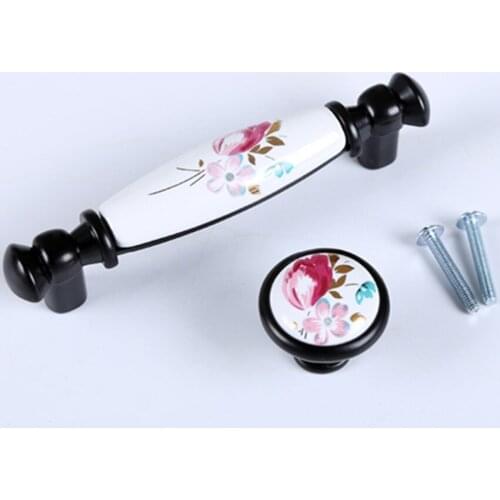 96mm fashion rural tulip ceramic kitchen cabinet wine cabinet door handle black drawer shoe cabinet tv cabinet cupboard knob pul