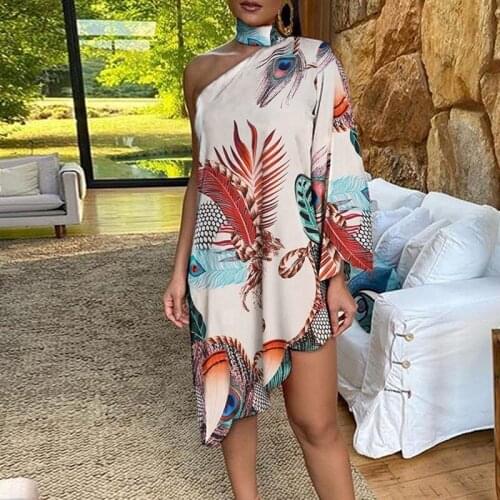 African Womens Autumn Irregular Dress Halter One-shoulder Club Party Dress Elegant african women Long Sleeve Printing Dress
