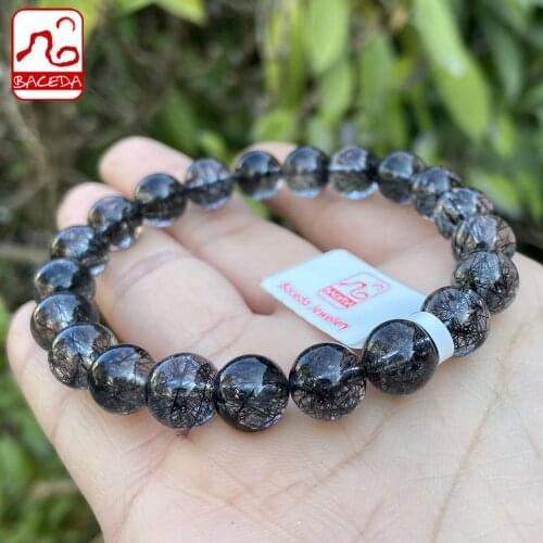 Baceda grab good chances and luck HQ Natural Crystals of Black Hair Rutilated Quartz Bracelet for men or women with Box