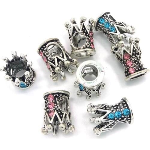 Free shipping new 40pcs 10mm new mix pink and lake blue crystal rhinestone beads crown shape fit European bracelet DIY