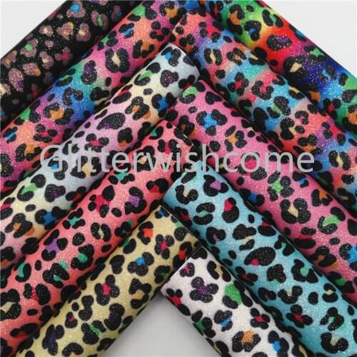 Glitterwishcome 21X29CM A4 Size Leopard Printed Glitter Fabric, Rainbow Glitter Leather Sheets, Glitter Vinyl for Bows, GM479A