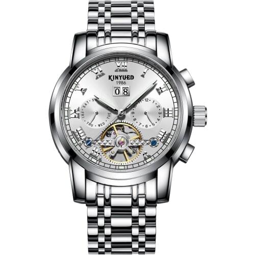 KINYUEDTop Brand Luxury Gold Nocturnal light Hollow out Automatic Mechanical Business Waterproof Clocks Mens Watches Auto Date