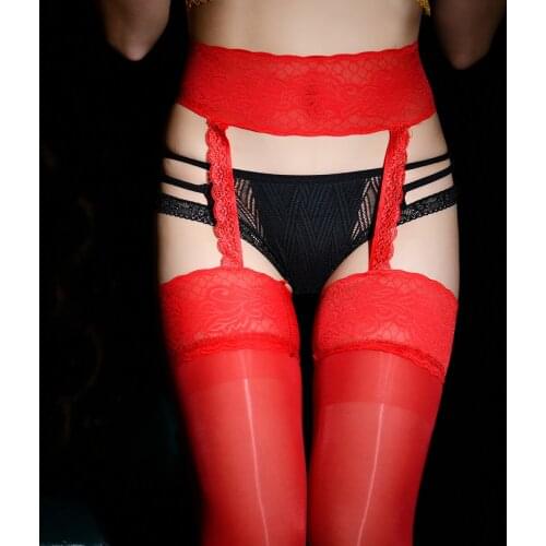 Metelam One Piece Set Ultra Shiny Glossy Sheer Crotchless Pantyhose Thigh-Highs Stockings with Lace Garter Belts