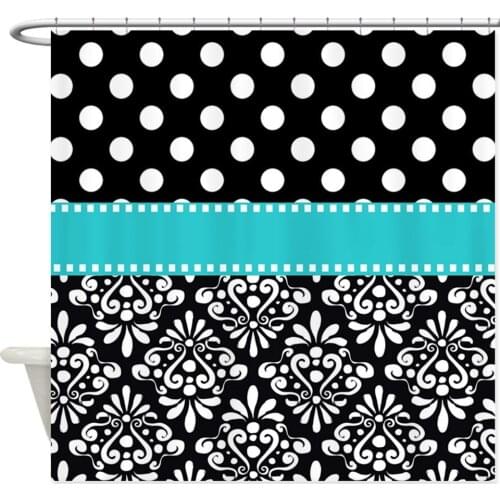 Black Turquoise Damask Decorative Fabric Shower Curtain
