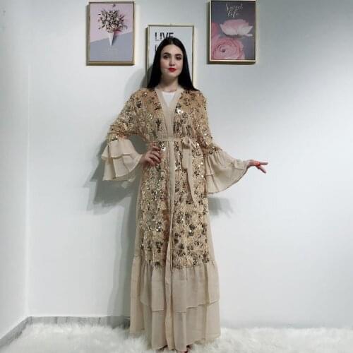 Elegant Sequin beading Muslim Abaya Flare Sleeve Maxi Long Robe Gowns Kimono Ramadan Eid Islamic Prayer Clothing Worship Service