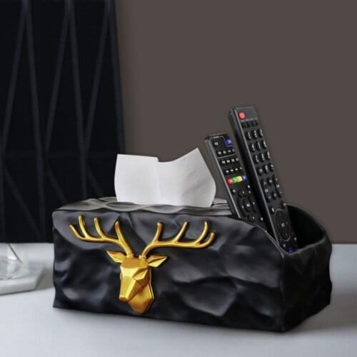 European Resin Golden Deer Head Tissue Box Black White Fold Storage Living Room Desktop Napkin Storage Tissue Box Elk Pen Holder