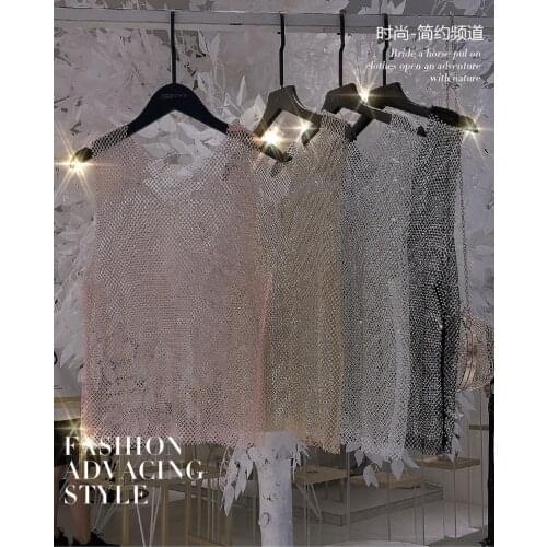 H80&S90 New Sexy Women Sleeveless Mesh Rhinestone Fashion Camie Tops Female Beach Club Shinny See Through Fishnet Tank Beachwear
