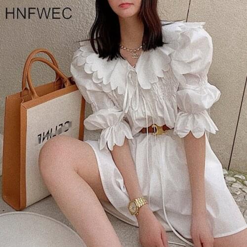 2020 ruffles shoulder three quarter sleeves draswtring high waist cotton shirt and big thigh hot shorts two pieces set U294