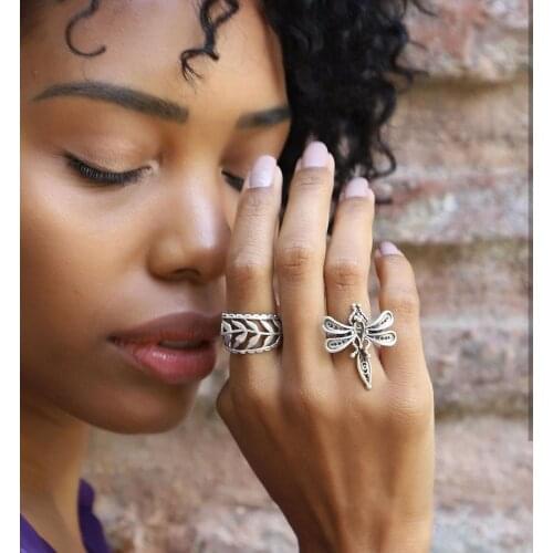 Docona 2pcs/sets Silver Color Dragonfly Finger Rings for Women Bohemia Geometry Leaf Joint Midi Rings Set Jewelry Anillos 17894