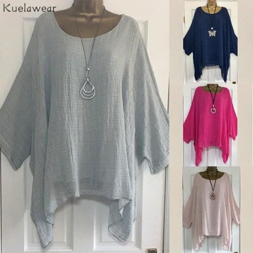 Kuelawear Loose Batshirt Summer Womens T-shirt Ladies casual Round Neck Solid Color Pullover Short Sleeve Irregular Plus Size