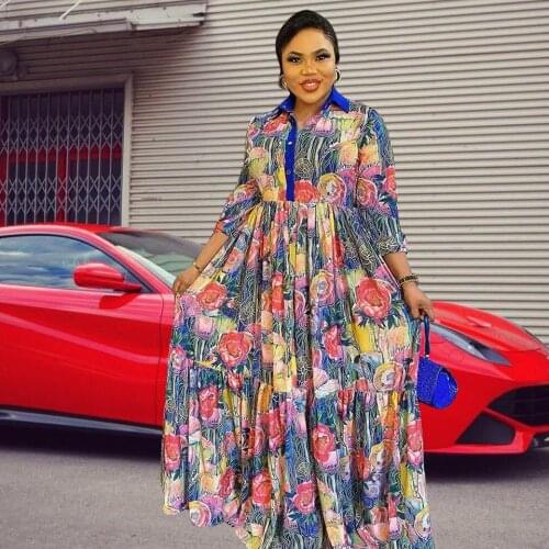 Muslim Dress Lady Party Multicolor Flower Printing American Clothing Abaya Dubai African Design Loose Robe Gowns Buttons