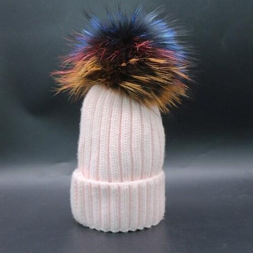 New arrival multi mixed colors pom pom charm fur knitted beanies colorful thick warm skullies ear protection knitted fashion hat
