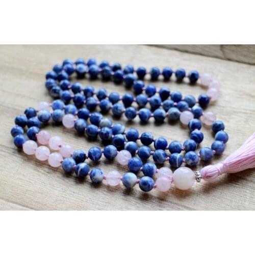 108 Mala Beads Necklace Sodalite and RoseQuartz Knotted Necklace Tassel Necklaces Prayer Necklaces Yoga Mala meditation Beads