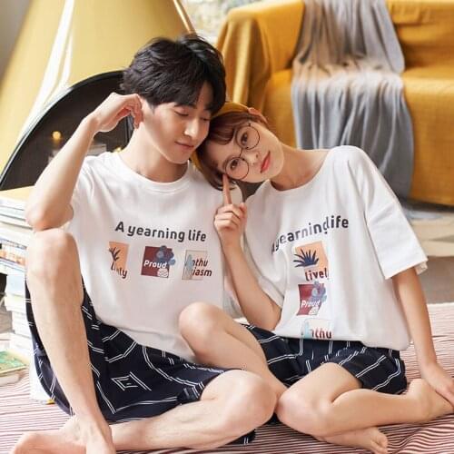 Womens Pajamas Thin Couple Cotton Short Sleeve Suit Plus Size Loose Fresh Sweet Spring Summer Homewear Set