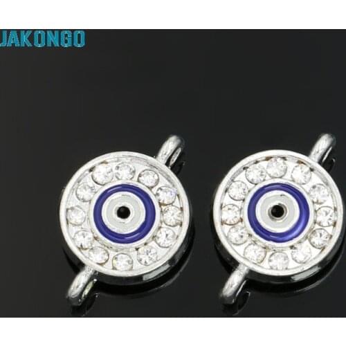 JAKONGO Silver Plated Fatima Hamsa Round Evil Blue Eye Connectors fit Jewelry Making Handmade Findings Accessories DIY 19x12mm