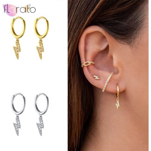 Simple 925 sterling silver Single Hoop Earrings For Women Dainty Pave CZ Lightning Bolt Shaped Charm Huggie Hoop Earrings A30