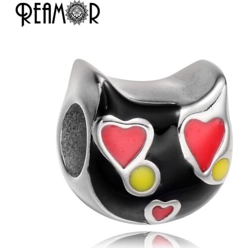 REAMOR 316L Stainless steel Colorful Enamel Cartoon Cat Beads Jewelry Making Charms Spacer Beads DIY Love Strand Bracelets