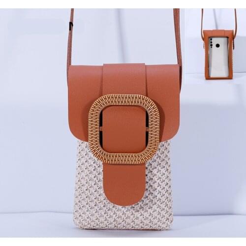 Straw Woven Small Touch Screen Phone Bag Handmade Rushwork Ladies Shoulder Crossbody Messenger Bags Weaving Female Mini Purse