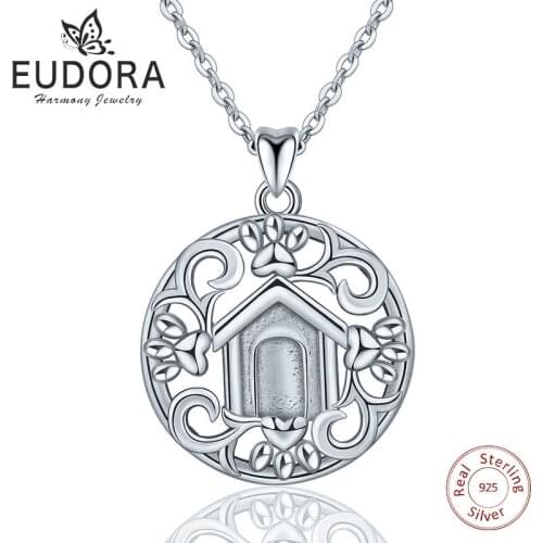 Eudora 925 Sterling Silver Unique Dog footprint &Family Home Pendant Necklace Round Charm Fine jewelry for Women Best Gift D218