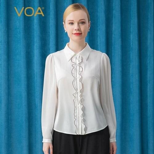 VOA Silk White Grain Mulberry Satin POLO Collar Single Wooden Ear Stereo Stitching Long Sleeve Straight Shirt BE373