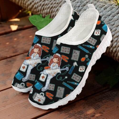 INSTANTARTS 2021 New Style Women Flat Shoes Lightweight Slip-on Mesh Sneaker Sexy Nurse Women Cartoon Pattern Loafers for Ladies