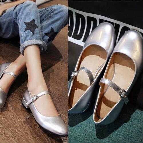 Silver Mary Jane Shoes for Women Ballerina Flats Low Heels Round Toe Dress Flat Womens Shoes 2020 School Student Shoes