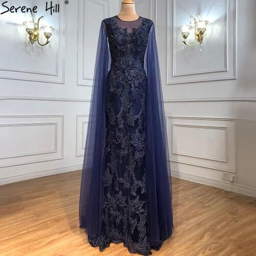Serene Hill Blue Luxury Mermaid Evening Dresses Gowns2021 Cape Sleeves Beaded Elegant For Woman Party LA71163