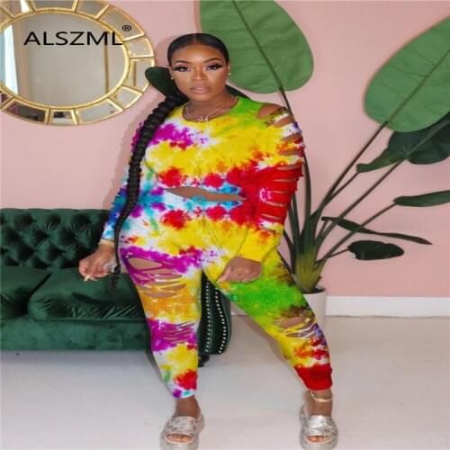 Fashion tie dye print women set long sleeve autumn 2 pieces tops and long pant suit female sporty outfits