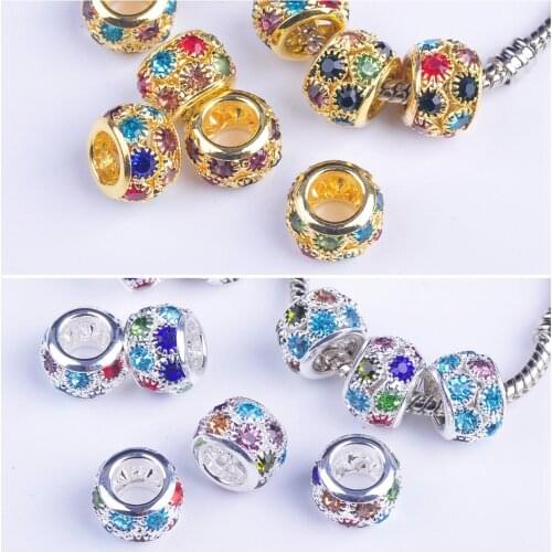 11x8mm Round Gold/Silver Glass Rhinestones & Metal Loose Big Hole Beads For Jewelry Making DIY Crafts