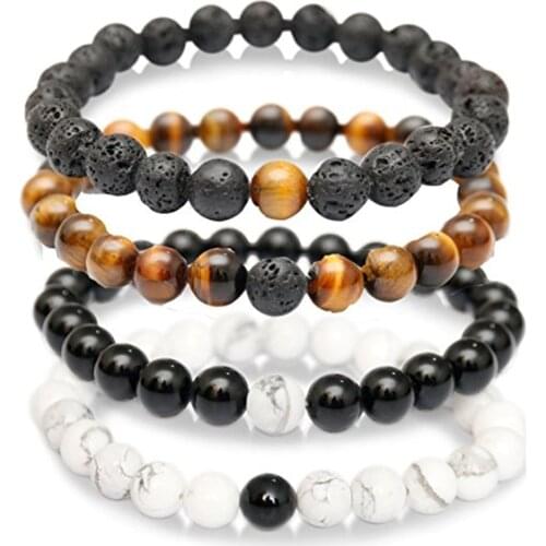 2Pcs Couples friendship Bracelet with 100% Natural Stone White and Black Bracelets for Men Women Best Friend