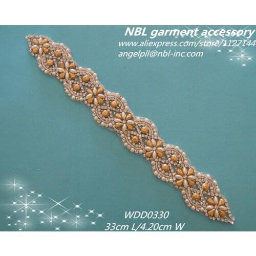 30PCS)Wholesale bridal sash beaded rhinestone gold applique iron on for wedding dresses WDD0330