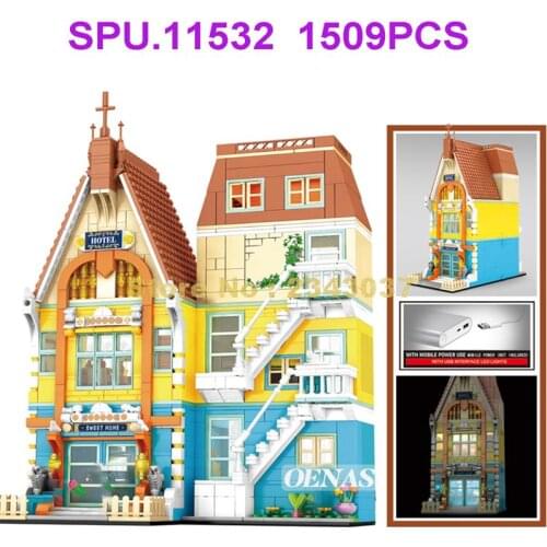 601146c 1509pcs Street View Architecture Nordic House Loft Apartment With Light 5 Dolls Building Blocks Toy