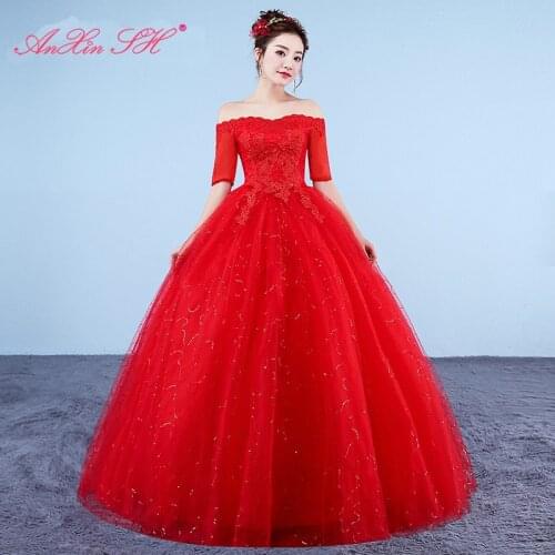AXJFU princess flower red lace wedding dress vintage party boat neck half sleeve ball gown sparkly white lace wedding dress