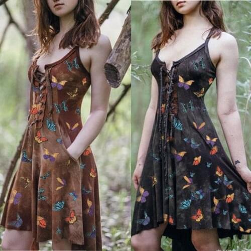 Medieval Cosplay Bodysuit Sexy Halloween Costumes for Women Dresses Middle Ages Butterfly Print Vintage Bandage Irregular Dress