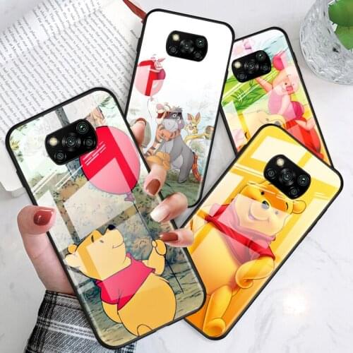 Pooh Bear Cute for Xiaomi POCO X3 NFC F3 M2 X2 F2 Redmi K30 Redmi Note 9 Pro Luxury Tempered Glass Phone Case Cover