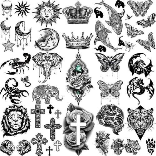 Black Henna Rose Flower Cross Temporary Tattoos For Women Adult Men Scorpion Dragon Elephant Whale Butterfly Hand Small Tatoos