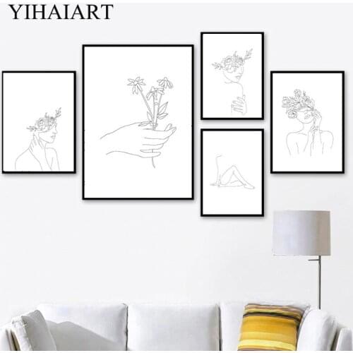 Black White Abstract Flower Woman Artwork Canvas Print Painting Nordic Line Drawing Poster Simplicity Wall Picture Home Decor