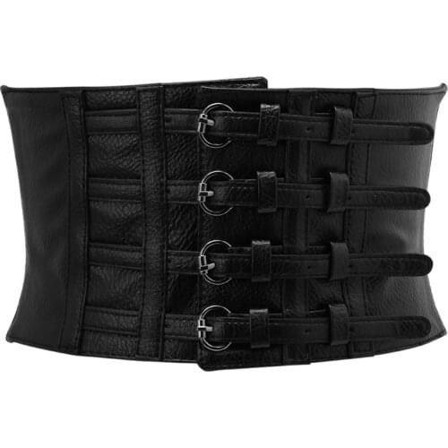 Black Retro Lady Waist Shape Corset Wide Elastic Faux Leather Stretch Cummerbunds