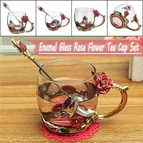 1Set Enamel Coffee Cup Rose Mug Flower Tea Drinking Glass Cups With Handle For Hot And Cold Drinks With Cap Pad Wipe Cloth