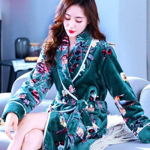 Women Winter Pink Long Robe Warm Nightgown Housedress for Female Bedgown Floral Girl Homewear