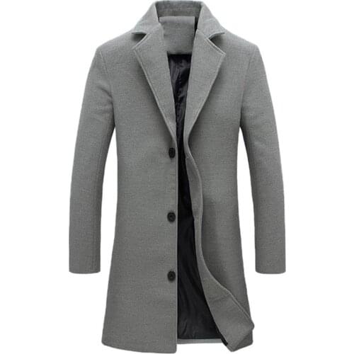 Hombres Invierno Abrigo gris negro Cuello de solapa Lana y mezcla Bolsillos de un solo pecho Tallas grandes Gabardina manteau ho