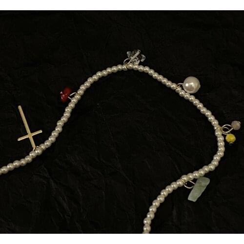 Korean Imitation Pearl Cross Clavicle Chain Necklaces for Women Metal Vintage Y2K Choker Necklace 90s Style Aesthetics Friends