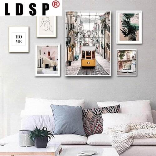LDSP Vintage Yellow Bus Street Building City Landscape Canvas Painting Wall Art Print Poster Picture Modern Living Home Decor