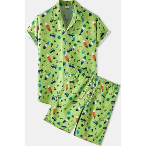 Fashion Hawaiian Print Short Sleeve Shirt Set Mens Beach Coconut Print Shorts Mens Daily Beach Shirt Set Two-piece M-3XL