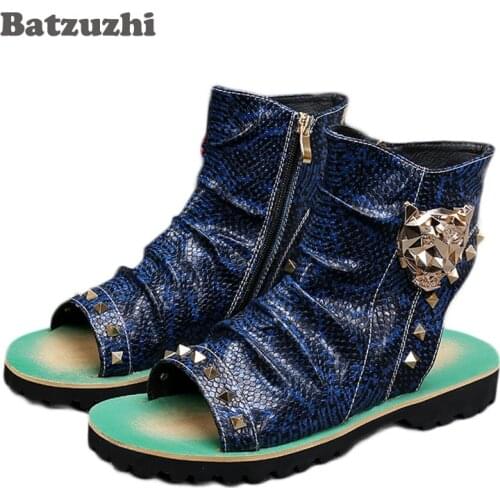 Batzuzhi 2021 New Rock Men Shoes Summer Leather Sandal Shoes Open Toe Punk Ankle Sandal Boots Slingback Rivets Gladiator, US12