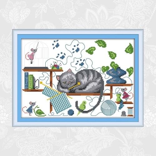 Joy sunday Knitting Cat Cartoon series Cross Stitch kits, DIY Embroidery Needlework Set, Cross-stitch Home Decoration Painting