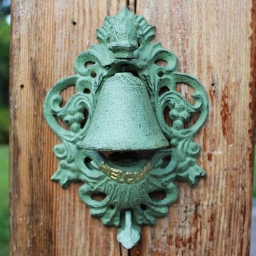Green Cast Iron Wall Mounted Hand Press Bell With Gold Welcome Signs Home Garden Decor Vintage Hollow Badge Welcome Door Bell