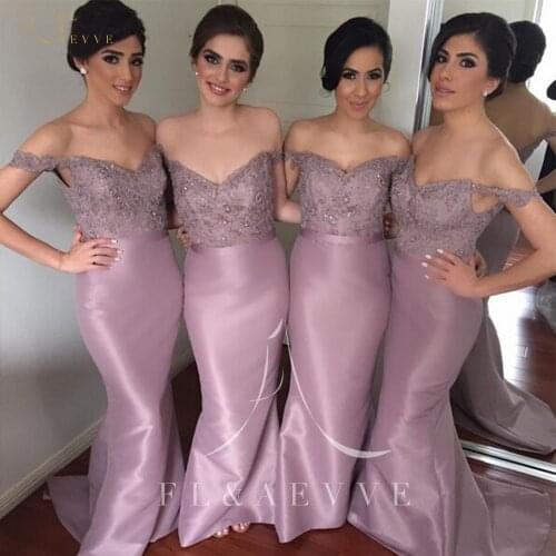 New Lavender Satin Beading Mermaid Bridesmaid Dresses Off the Shoulder Wedding Party Gowns Plus Size Prom Gowns Girl Dress