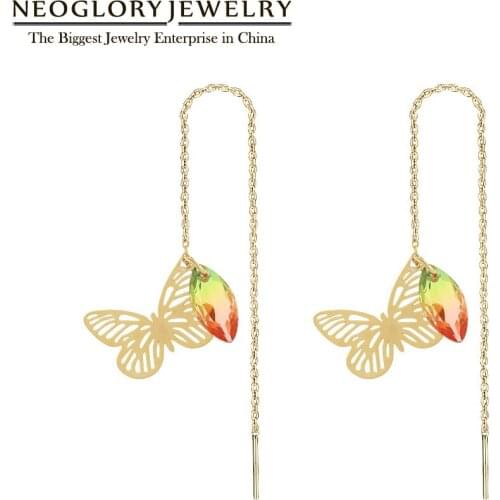 Neoglory Jewelry Golden Butterfly & CZ Long Tassel Dangle Earrings Simple Colorful Teen Girls Charm Accessory 2020 New Hot Gift
